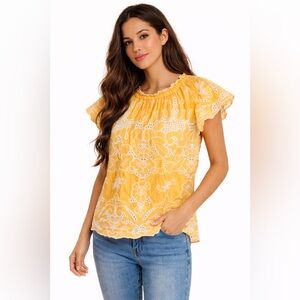 Jennifer & Grace Yellow Lace Flutter Sleeve Boho Blouse Romantic Cottagecore Top